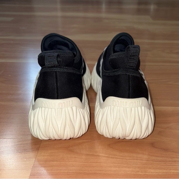 MIU MIU $950 Calzature Donna Black Platform Logo Band Knit Sneakers Size 7.5/8